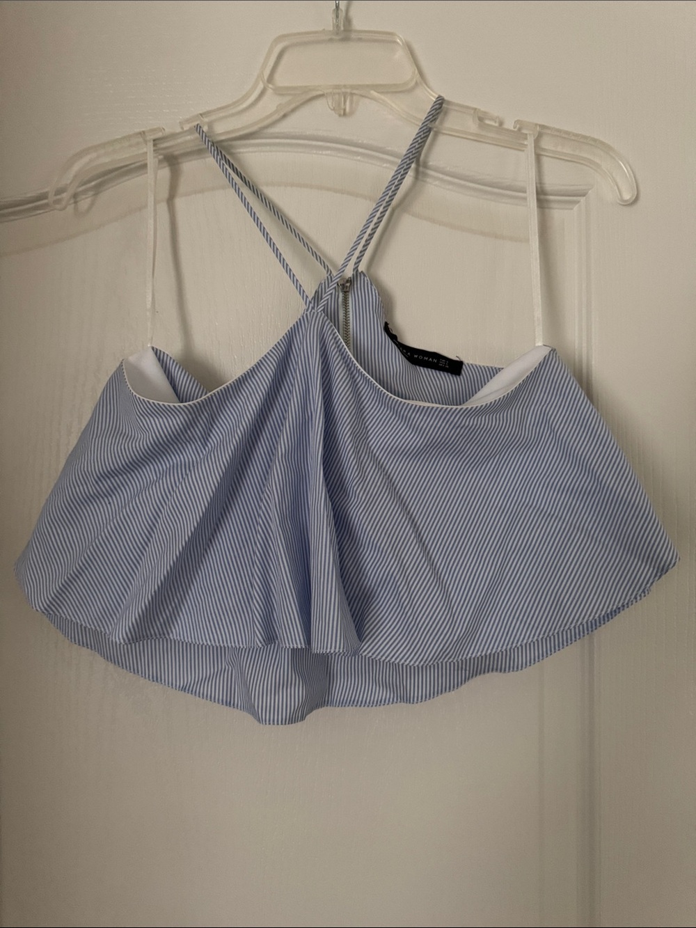 Zara Light Blue and White Striped Ruffled Crop Top